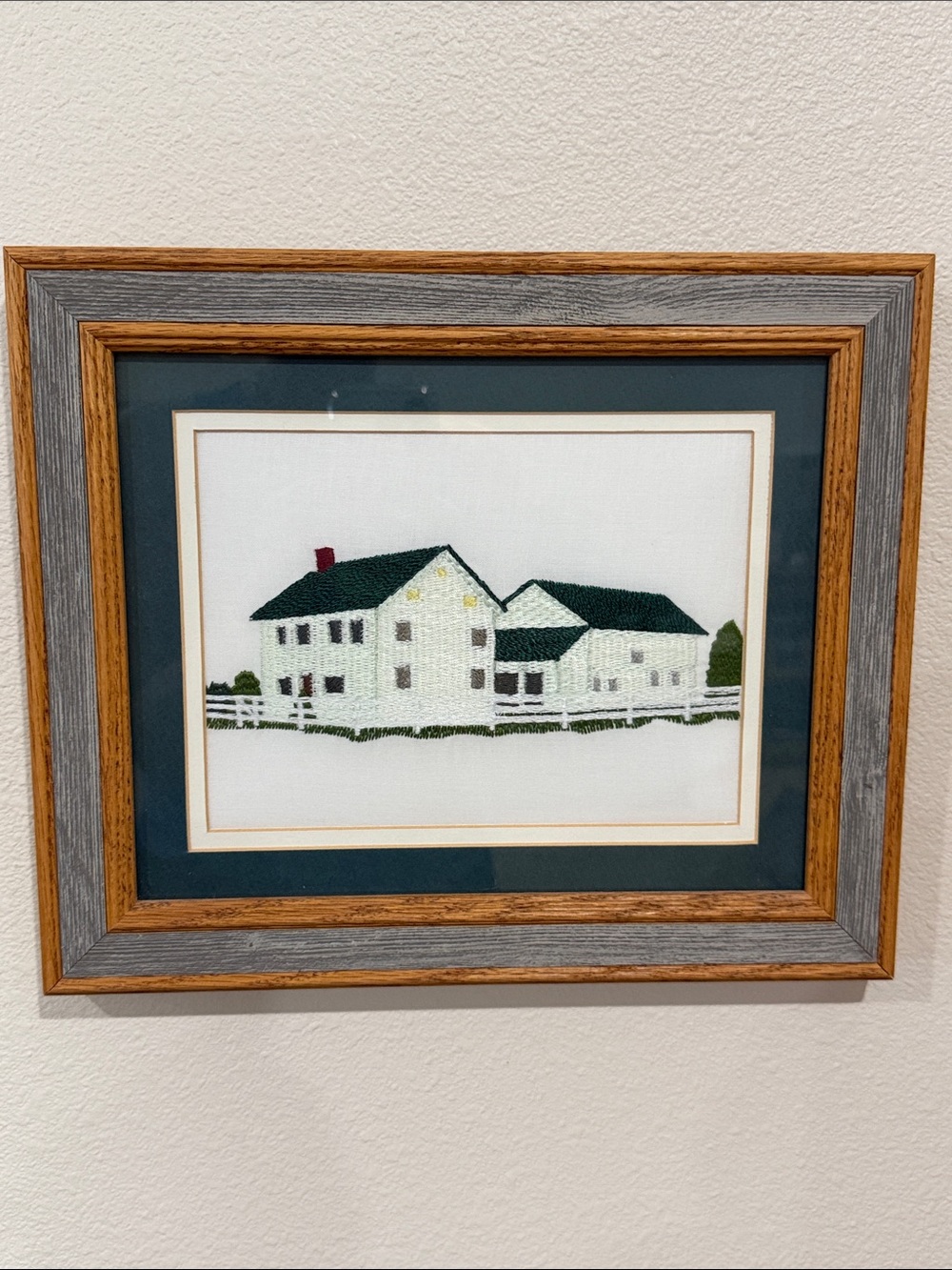 Vtg Needlepoint Embroidered White Farmhouse Crewel Barn wood Frame Wall Hanging